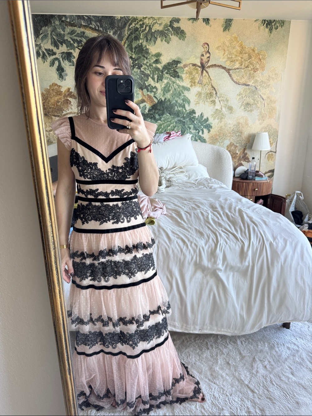 BCBGMaxAzria Pink and Black Lace Tiered Maxi Dress
